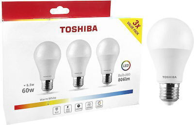Toshiba Λάμπες LED 8.5W για Ντουί E27 και Σχήμα A60 Ψυχρό Λευκό 3τμχ