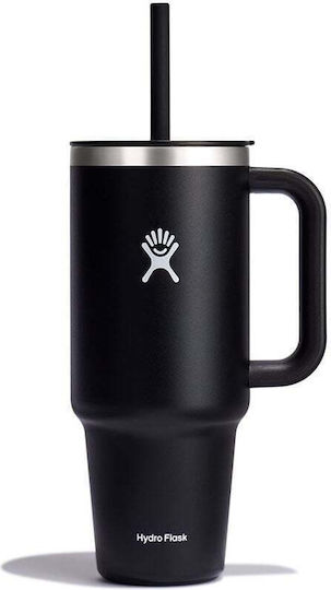 Hydro Flask Travel Tumbler Handled Tumbler Thermos Stainless Steel BPA Free 1.18lt Black with Straw and Handle