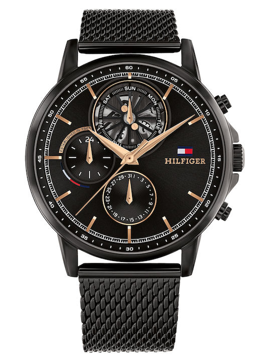 Tommy Hilfiger Stewart Ceas Barbati 44mm Cronograf Cu Baterie Cu Brățară Din Metal Neagră