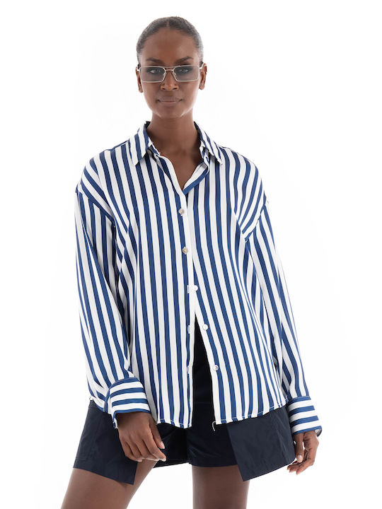 Only Women's Satin Striped Long Sleeve Shirt White