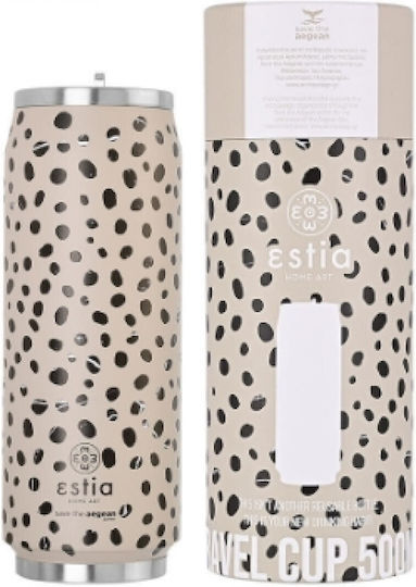Estia Travel Cup Save the Aegean Recyclable Glass Thermos Stainless Steel / Plastic BPA Free 500ml Taupe with Straw
