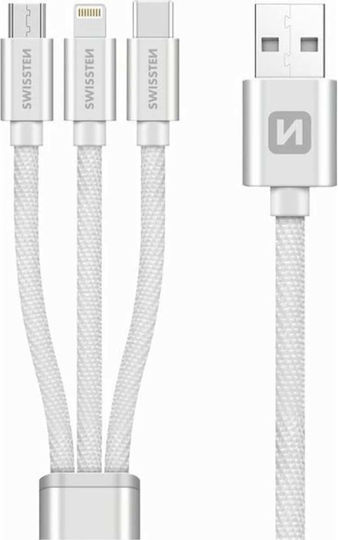 Swissten Плетена USB към Lightning / Type-C / micro USB Кабел Сребрист 1.2м (72501102)