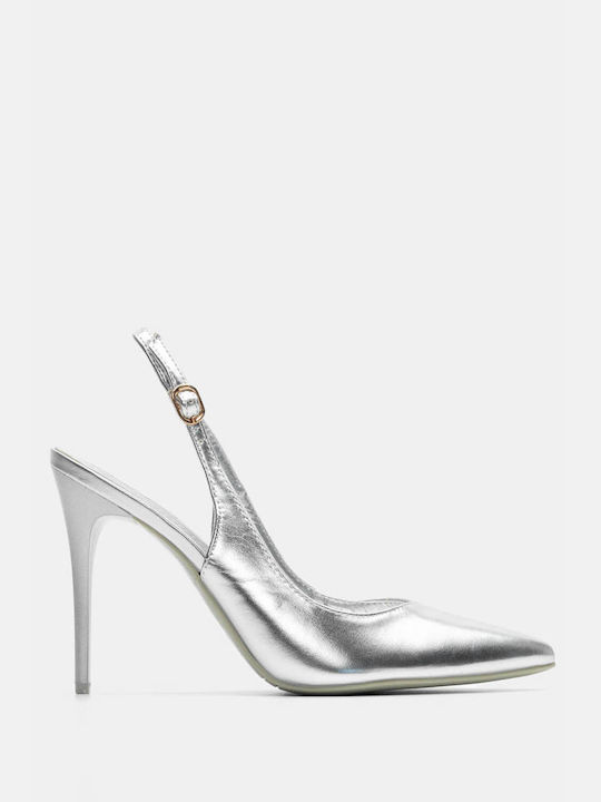 Luigi Pointed Toe Silver Heels with Strap