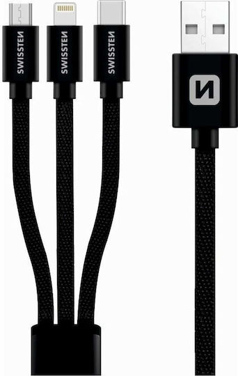 Swissten Плетена USB към Lightning / Type-C / micro USB Кабел Черен 1.2м (72501101)