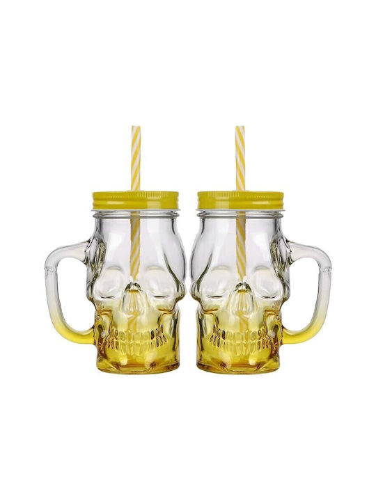 Νεκροκεφαλή Glass Cocktail/Drinking made of Glass in Yellow Color with straw 400ml 1pcs