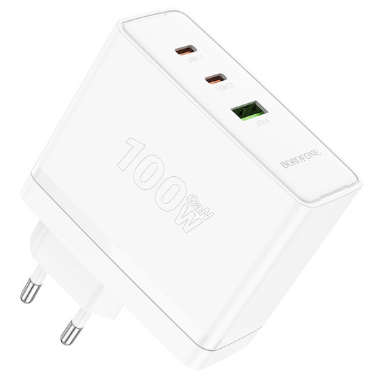 Borofone Wall Adapter with USB-A port and 2 USB-C ports 100W Power Delivery / Quick Charge 3.0 in White Colour (BN11 Imperial)
