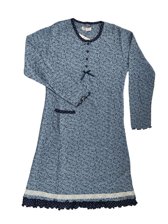 Lovelx Homewear Χειμερινό Βαμβακερό Γυναικείο Νυχτικό Μπλε