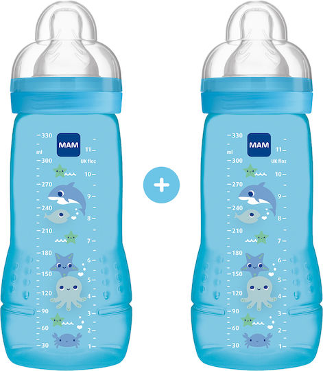 Mam Set Plastic Baby Bottles Anti-colic with Silicone Teat for 4+ Months Blue Dolphin - Blue 330ml 2 Pieces