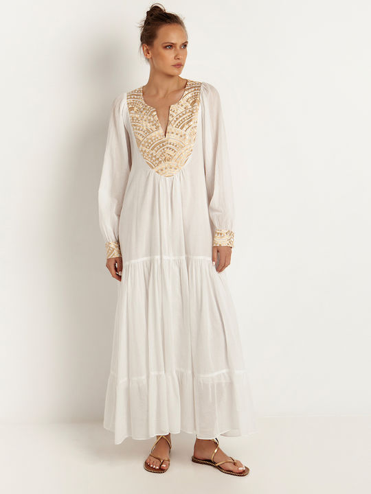 Greek Archaic Kori Maxi Kleid mit Rüschen White-Gold