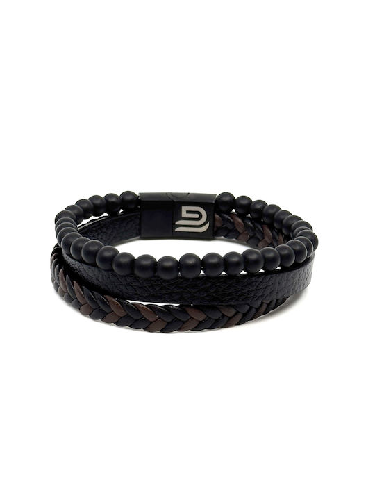 Leather Bracelet made of Stainless Steel with Black Natural Stones