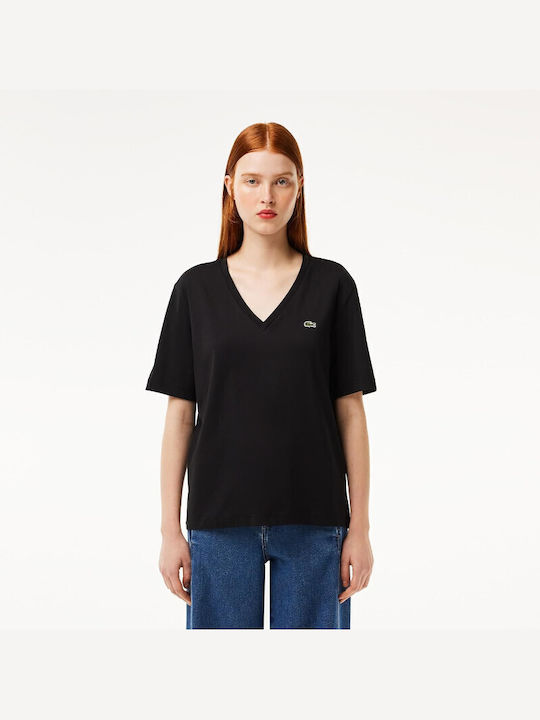 Lacoste Women's Blouse Cotton Short Sleeve with V Neck Polka Dot Black