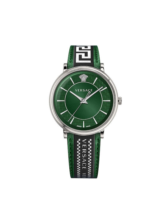 Versace V-circle Watch Battery with Green Leather Strap