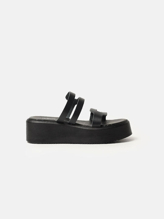 InShoes Δερμάτινα Γυναικεία Σανδάλια Flatforms σε Μαύρο Χρώμα