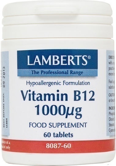 Lamberts Hypoallergenic Formulation Vitamin B12 Vitamin for Nervous System Health 1000mg 1000mcg Cobalamin 60 Tablets
