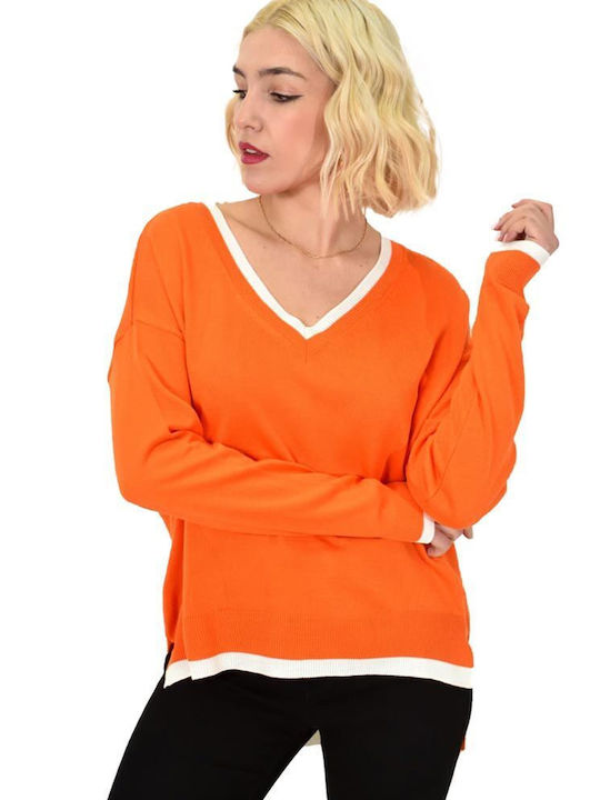 Potre Damen Langarm Pullover mit V-Ausschnitt Orange