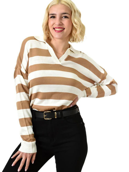 Potre Women's Blouse Long Sleeve Striped Beige