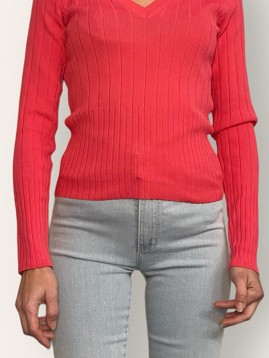 Le Vertige Women's Long Sleeve Sweater with V Neckline Coral