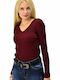 Potre Damen Langarm Pullover mit V-Ausschnitt Burgundisch