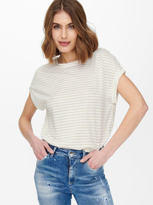 Only Damen Sommerliche Bluse Kurzärmelig Gestreift Beige