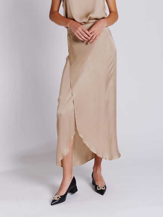 Collectiva Noir Adiope Satin Midi Envelope Skirt in Beige color