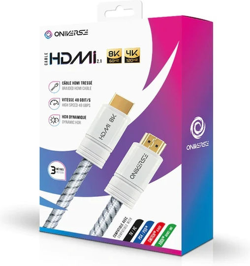 Oniverse HDMI 2.1 Ultra High Speed 48Gbps 4K 120Hz HDR VRR Kabel HDMI-Stecker - HDMI-Stecker 3m Weiß