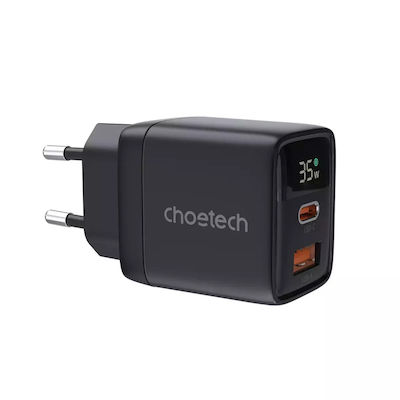 Choetech Încărcător Fără Cablu GaN cu Port USB-A și Port USB-C 35W Livrarea energiei Negruς (PD6052)