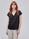 BSB Women's Summer Blouse Satin Short Sleeve with V Neck Black