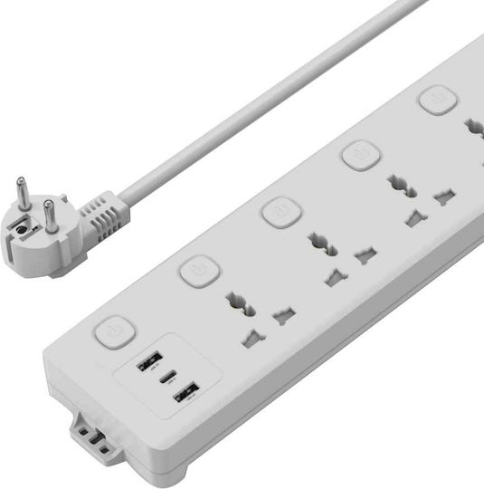 XO Πολύπριζο 5 Θέσεων με 2 USB-A, 1 USB-C, Διακόπτη και Καλώδιο 2m
