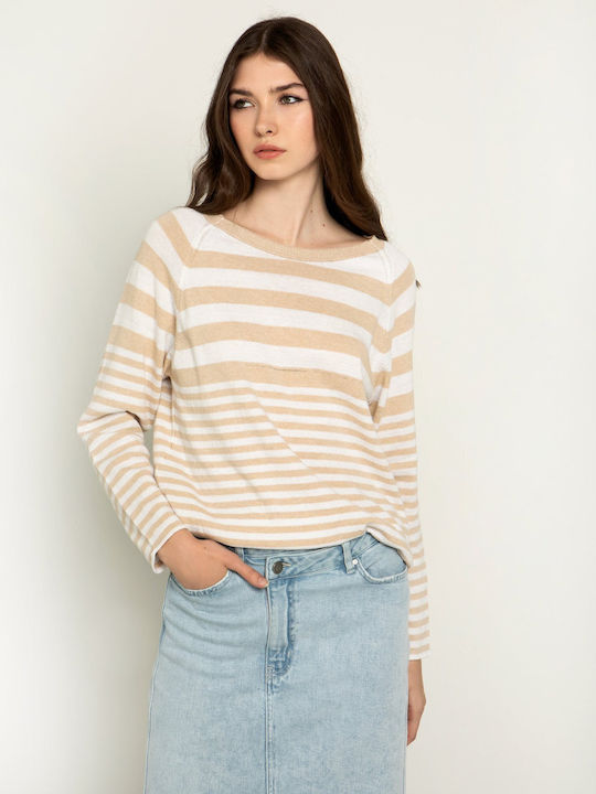 Toi&Moi Women's Summer Blouse Long Sleeve Striped Beige