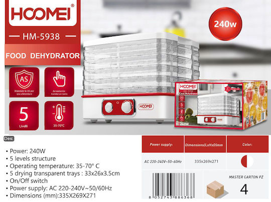 Hoomei Hoomei Lebensmittel-Dörrgerät mit 5 Regalen und Einstellbare Temperatur 35-70°C