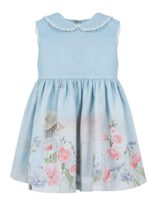 Children's Dress Sleeveless Linen Floral Sky Blue