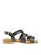 Leather Women's Flat Sandals in Black Color