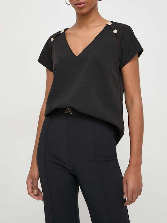 Guess Damen Sommerliche Bluse Kurzärmelig mit V-Ausschnitt Schwarz
