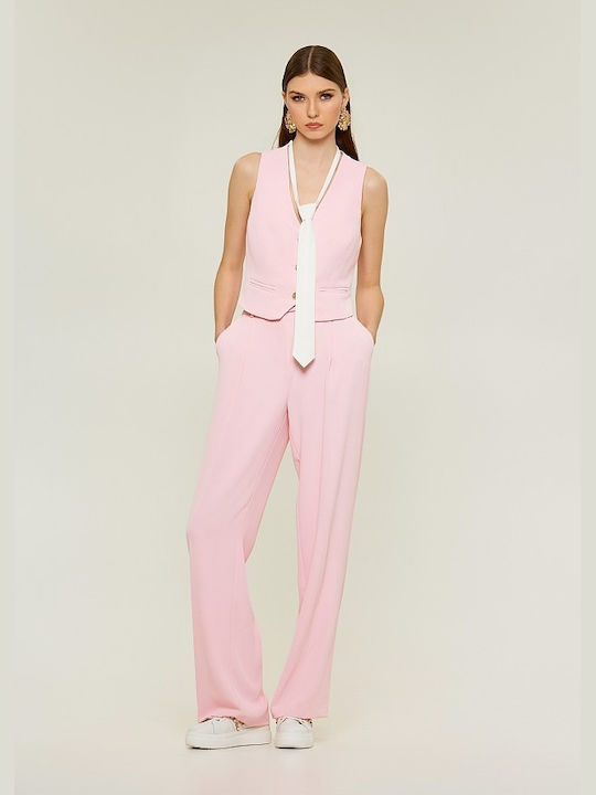 Lynne Women's Fabric Trousers with Elastic in Regular Fit Pink