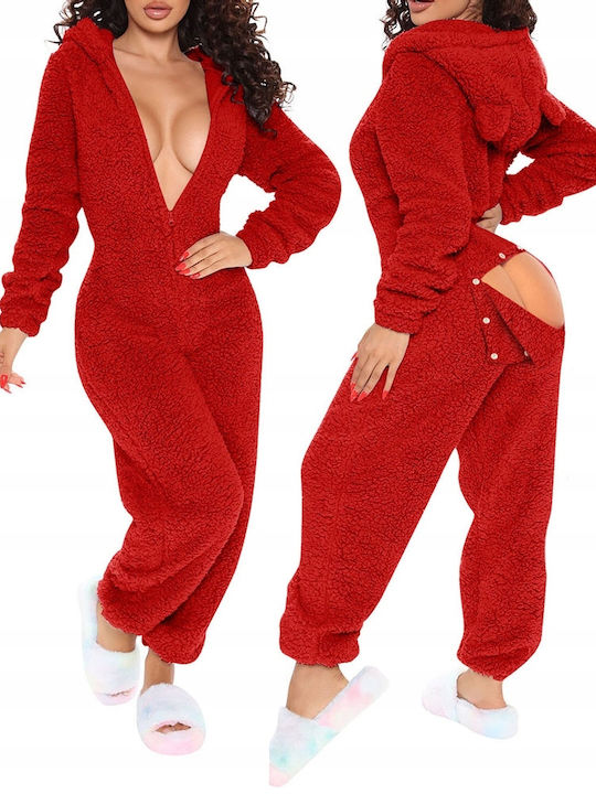 Winter Damen Einteiliger Pyjama Czerwona