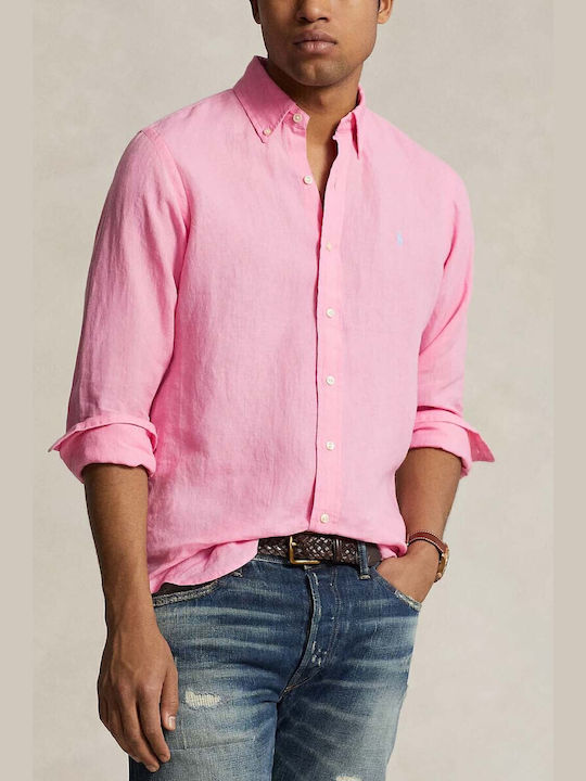 Ralph Lauren Men's Shirt Long Sleeve Linen Bright Pink