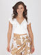 On Line Women's Summer Blouse Satin Short Sleeve White