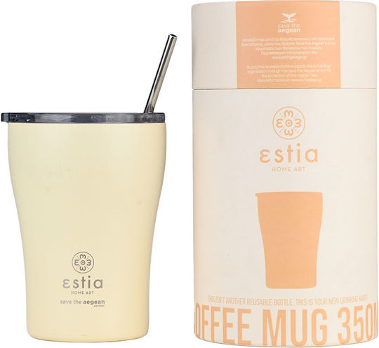 Estia Coffee Mug Save The Aegean Glass Thermos Stainless Steel BPA Free 350ml Lily White with Straw