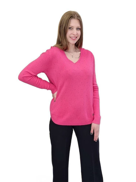 Brak Women's Long Sleeve Sweater with V Neckline Polka Dot Pink