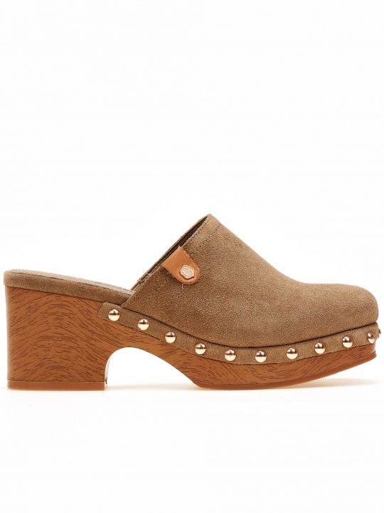 Leather Mules with Chunky High Heel in Brown Color