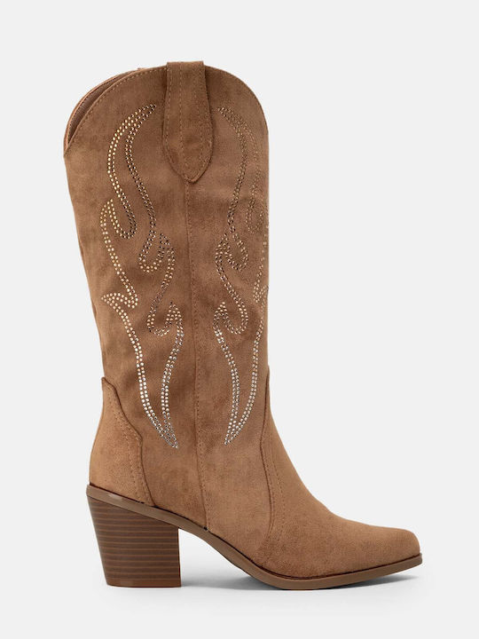 Bozikis Synthetic Leather Medium Heel Cowboy Boots with Zipper Brown