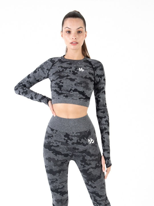 Tabata Damen Sportliches Crop Top Langarm Charcoal