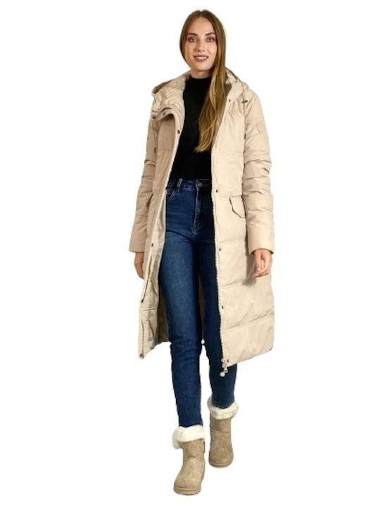 InShoes Women's Long Lifestyle Jacket for Winter with Hood Beige