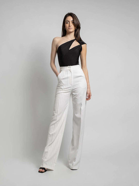 Fashioncore Women's High-waisted Fabric Trousers in Straight Line Striped WHITE