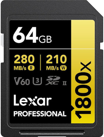 Lexar Professional 1800x SDXC 64GB U3 V60 UHS-II 280MB/s cu adaptor