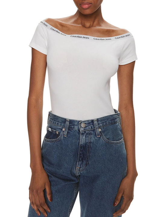 Calvin Klein Γυναικεία Καλοκαιρινή Μπλούζα Off-Shoulder Κοντομάνικη Λευκή