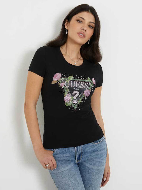 Guess Damen T-Shirt Blumen Black