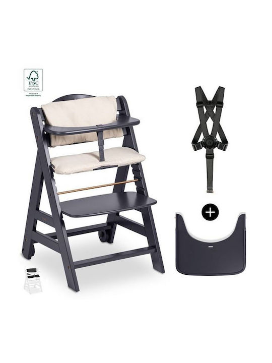 Hauck Scaun de masă pentru bebeluși cu cadru din lemn și scaun din material textil Gri