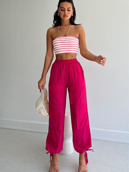 Reyon Women's High-waisted Fabric Cargo Trousers with Elastic in Regular Fit Fuchsia