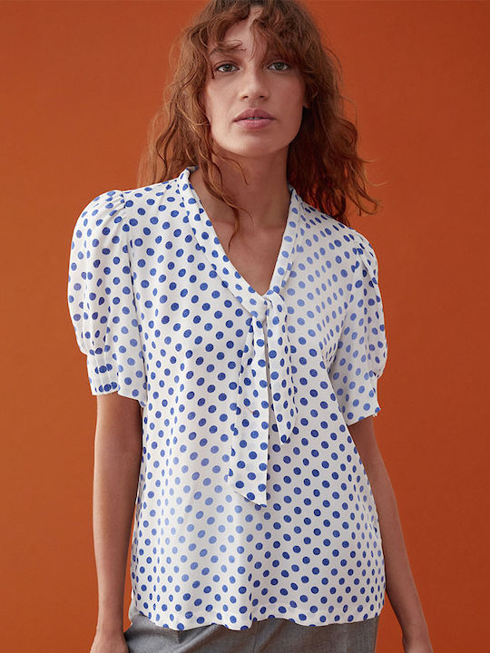 IBlues Damen Sommer Bluse Kurzärmelig mit V-Ausschnitt Polka Dot Blau